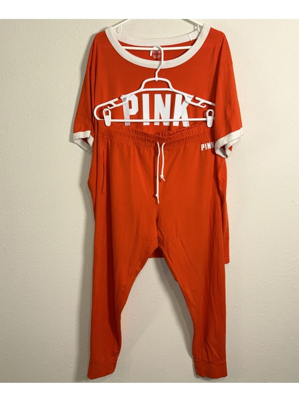 Victoria's Secret PINK Crewneck Long Sleeve Top XXL & Sweatpants XL Orange White